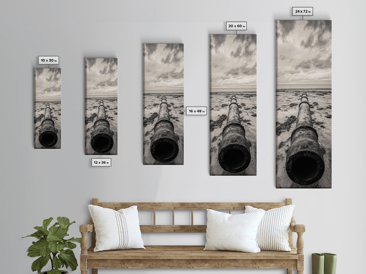 Rusted Pipe Beach, Industrial Coastal Vibe, Grunge Seascape, Framed Canvas Print, Urban Loft Art, Bathroom Wall Art, Office Wall Art