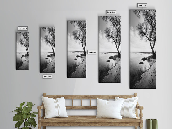Bare Tree Reflection, Minimal Winter Shoreline, Calm Monochrome Art, Framed Canvas Print, Scandinavian Living Room Art, Bathroom Art