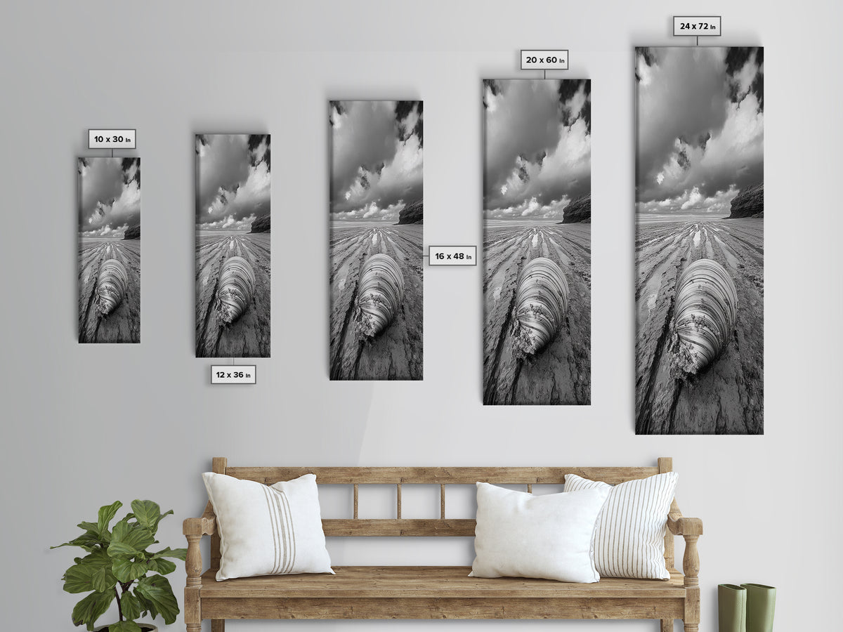 Ocean Clam, Moody Beach, Tidal Lines, Coastal Detail, Canvas Print, Nautical Bathroom Wall Art, Black and White Ocean Decor,  Den Wall Piece