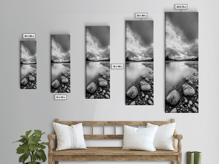 Rocky River, Serene Stream, Nature Calm, Monochrome Landscape, Framed Canvas Print Rustic Wall Decor, Modern Bathroom Art, Minimalist Style