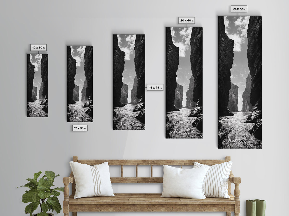 Coastal Canyon, Ocean Passage, Black White Art, Vertical Nature Scene, Framed Canvas Print Entryway Wall Art, Landscape Minimalist Decor