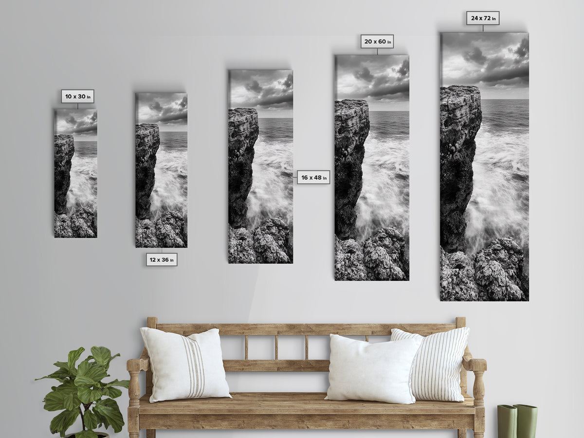 Cliffside Ocean, Storm Waves, Dramatic Coast, Monochrome Rocks, Framed Canvas Print Bathroom Wall Art, Minimalist Nautical Style, Coastal Decor