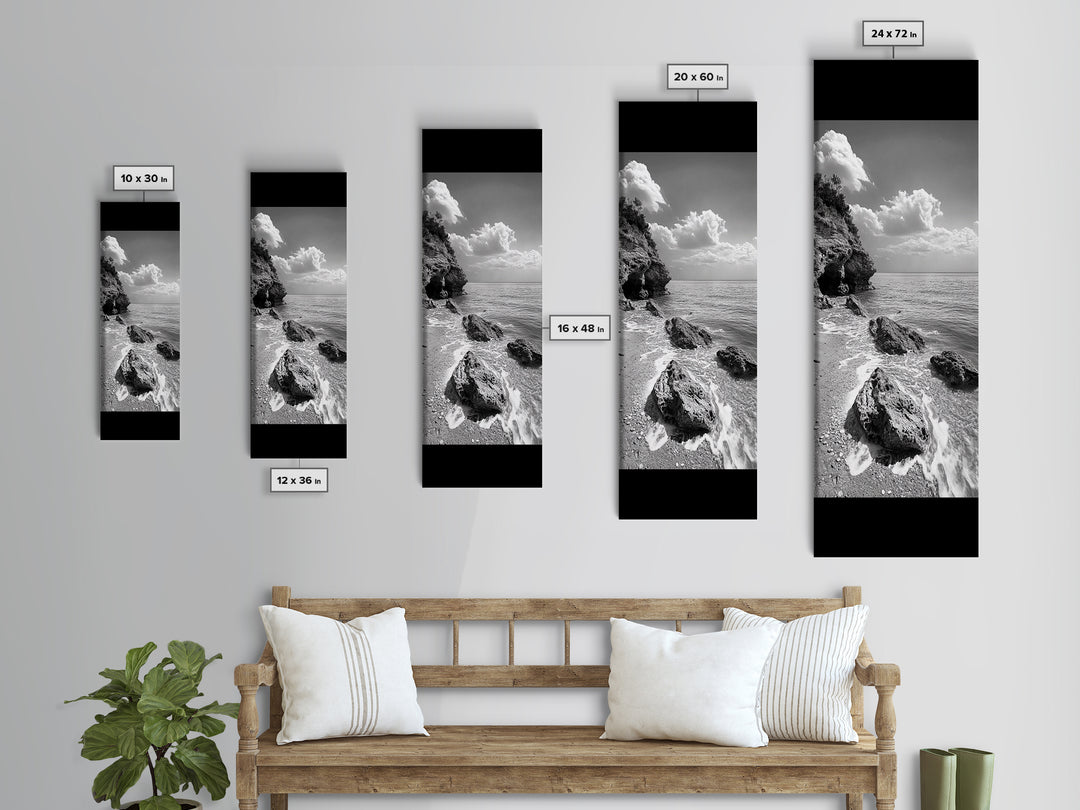 Rocky Beach, Calm Water, Summer Shore, Black White Coastal View, Framed Canvas Print Beach Wall Art, Nature Decor, Coastal Bathroom Style