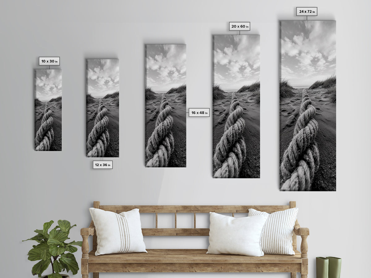 Rope in Sand, Beach Path Perspective, Coastal Journey, Framed Canvas Print, Bathroom Wall Art, Seaside Style, Minimalist Nautical Scene