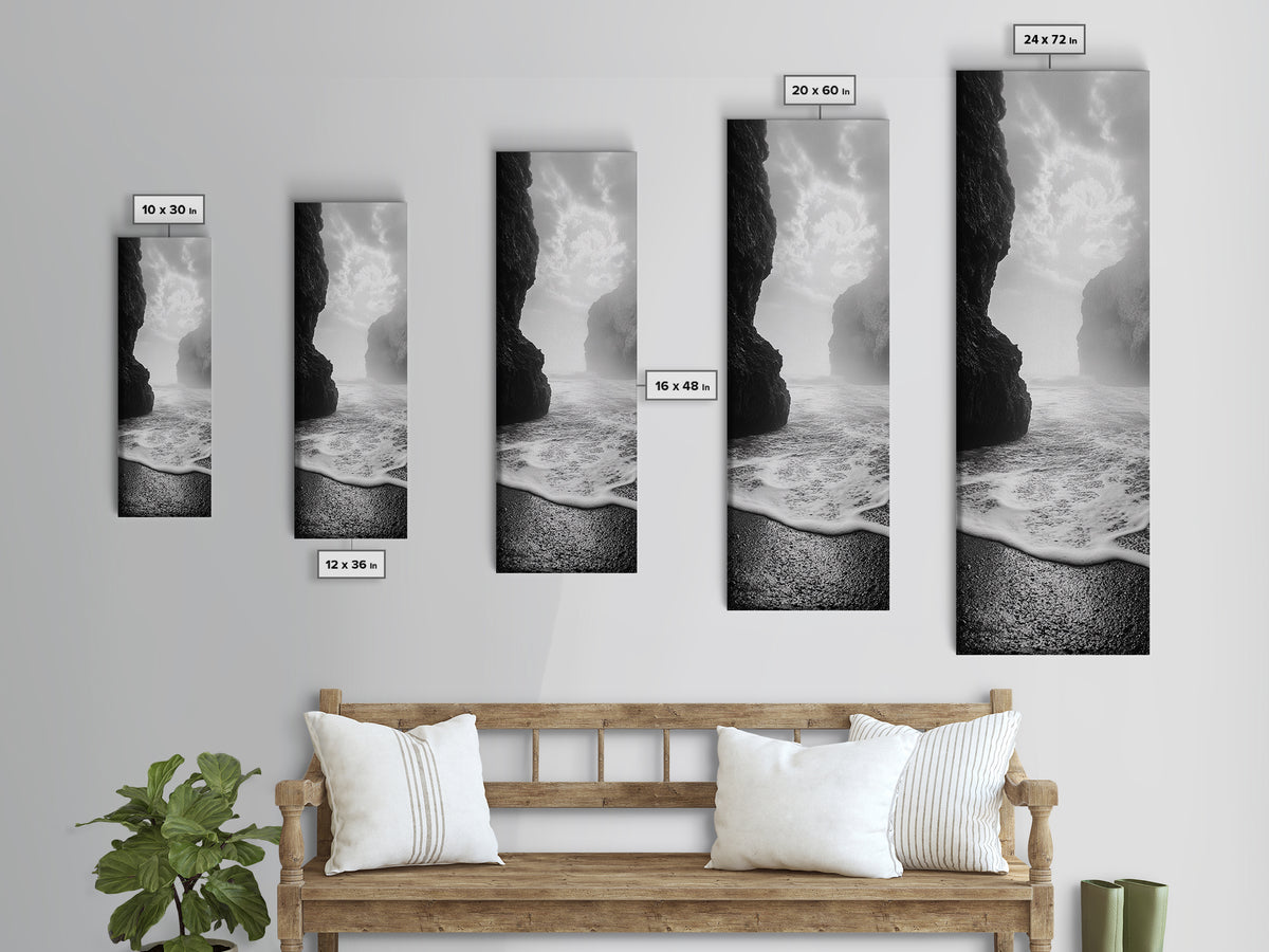 Coastal Rocks, Ocean Mist, Dreamy Seascape, Monochrome Coastline, Nature Photography Canvas Print, Moody Living Room Wall Art