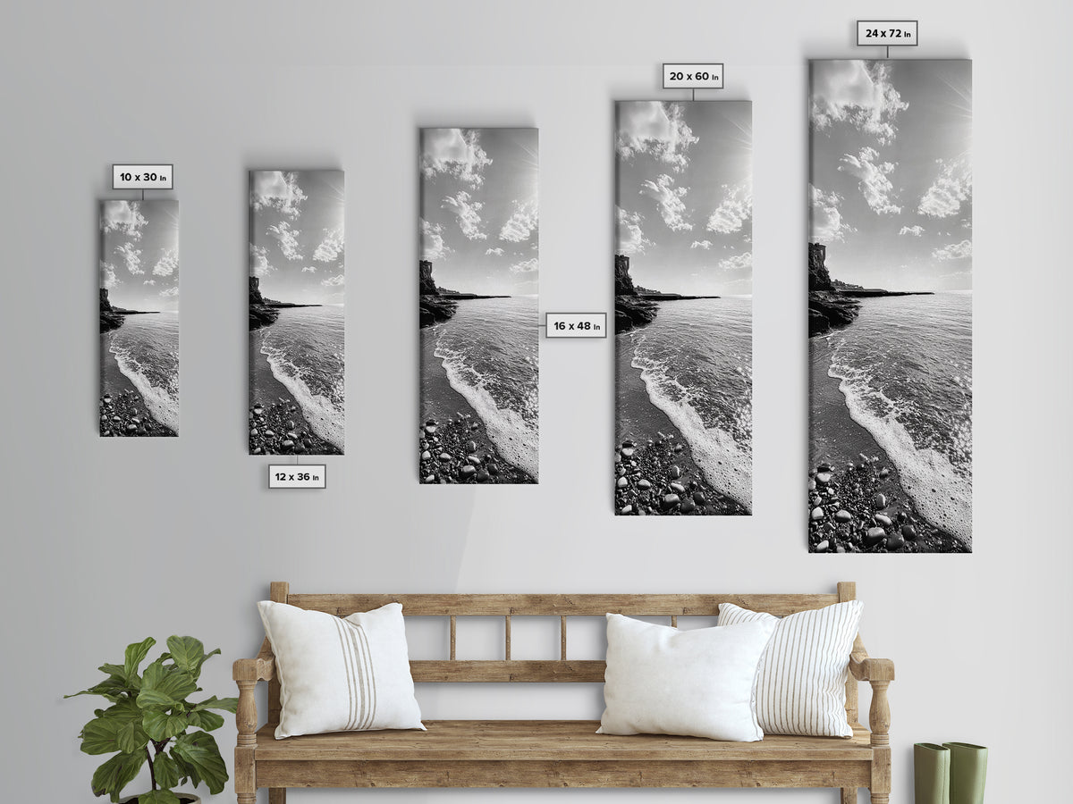 Coastal Shoreline, Pebble Beach, Ocean Breeze, Canvas Print, Bathroom Wall Art, Minimalist Decor, Black White Photography, Seaside Vibe