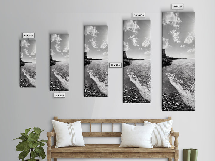 Coastal Shoreline, Pebble Beach, Ocean Breeze, Canvas Print, Bathroom Wall Art, Minimalist Decor, Black White Photography, Seaside Vibe