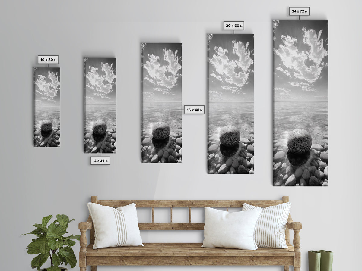 Zen Stone, Calm Waters, Smooth Pebbles, Framed Canvas Print, Spa Wall Art, Minimalist Bathroom Decor, Tranquil Home Accent