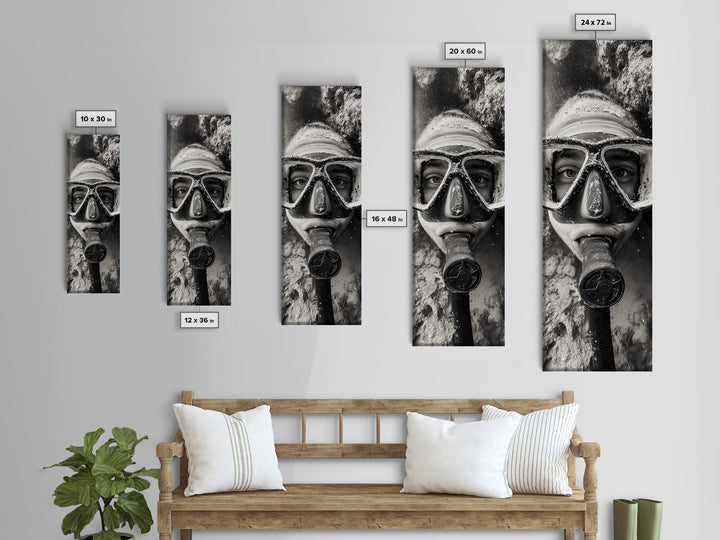 Diver Portrait, Underwater View, Close-Up Eyes, Canvas Print, Adventure Wall Art, Scuba Diving Decor, Unique Bathroom Art, Monochrome Style
