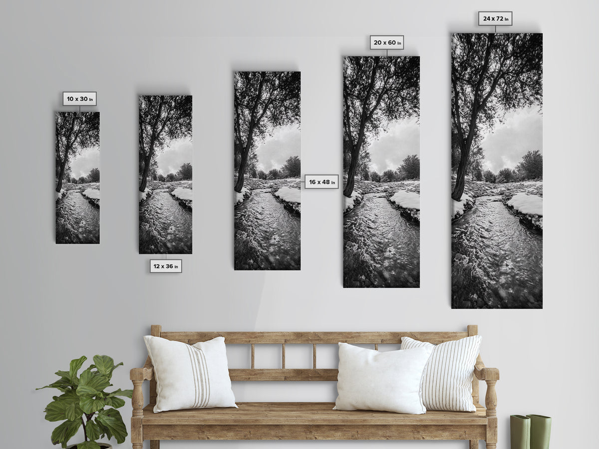Peaceful Creek, Snow Trees, Winter Flow, Framed Canvas Print, Rustic Nature Art, Farmhouse Wall Decor, Serene Entryway Accent, Bedroom Decor
