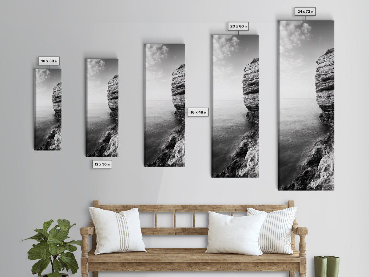 Cliffside Calm, Ocean View, Rock Texture, Seaside Stillness Framed Canvas Print, Modern Office Wall Art, Coastal Minimalist Decor