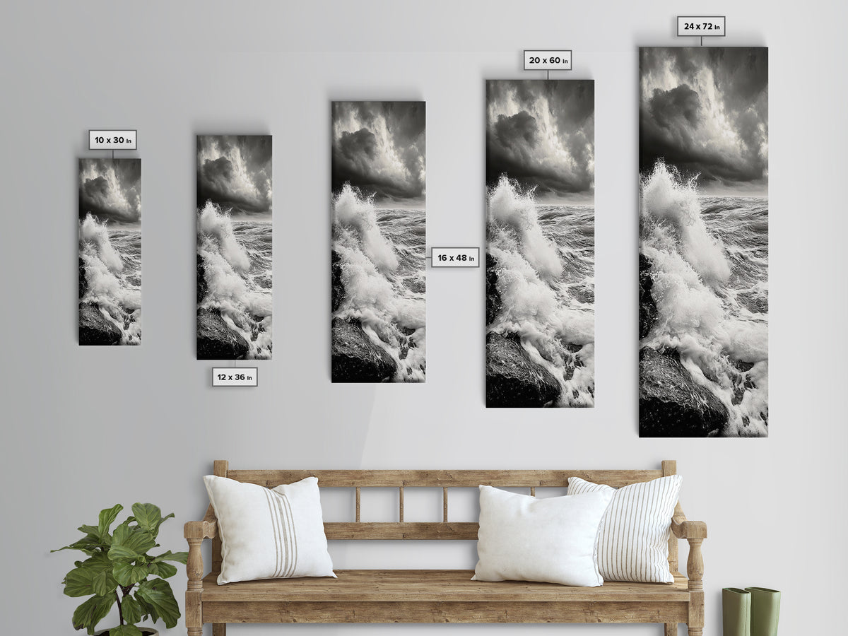 Stormy Sea, Crashing Waves, Ocean Fury, Nature Power Framed Canvas Print, Moody Living Room Wall Art, Dramatic Coastal Decor, Office Art