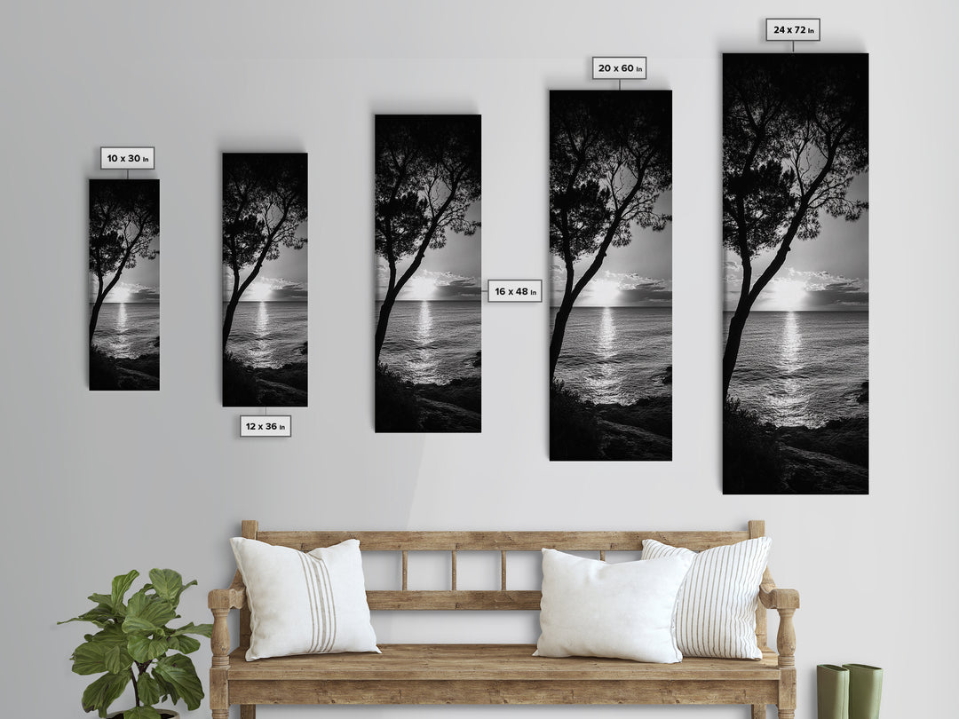 Coastal Tree, Ocean Sunset, Silhouetted Landscape, Peaceful Water, Framed Canvas Print, Nature Art, Bedroom Tranquil Decor
