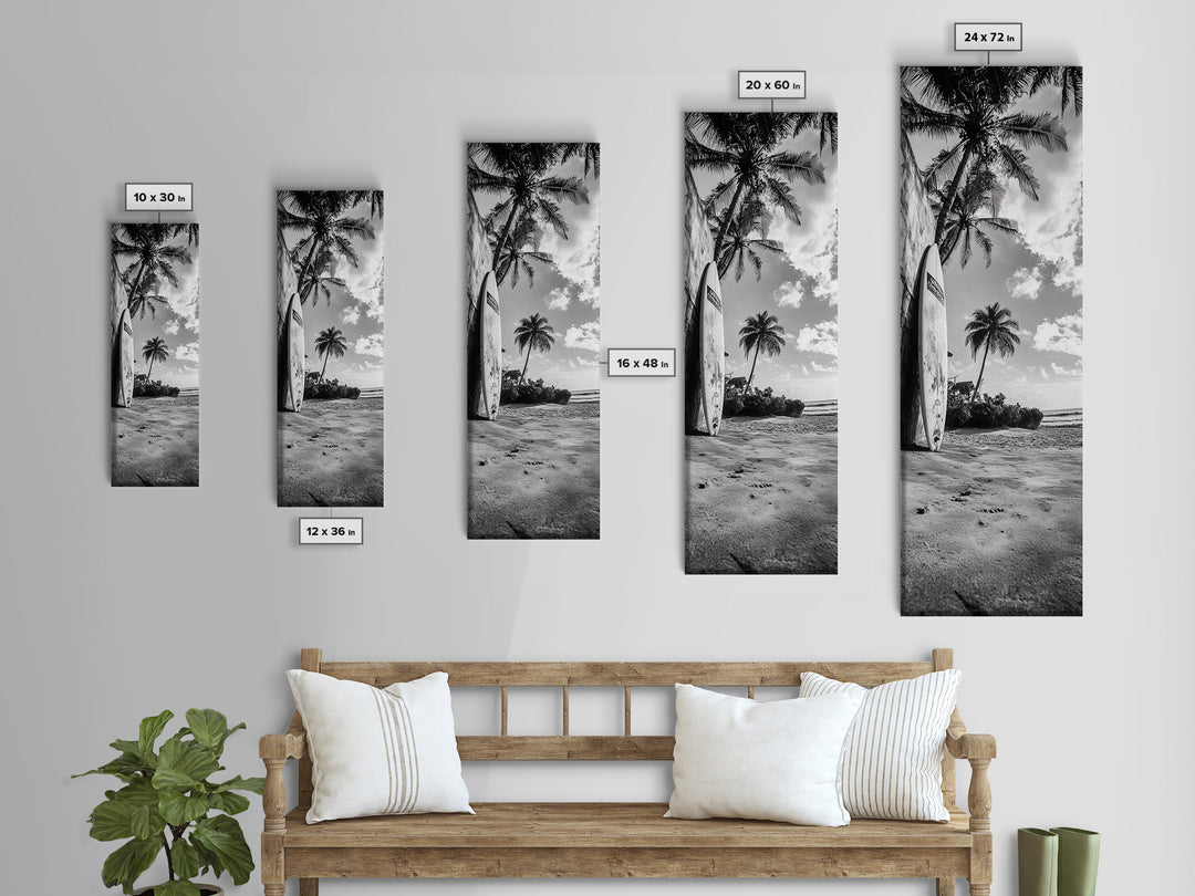 Tropical Beach, Surfboard Scene, Coastal Palms, Island Vibes, Canvas Print, Beach House Art, Summer Wall Decor, Boho Style