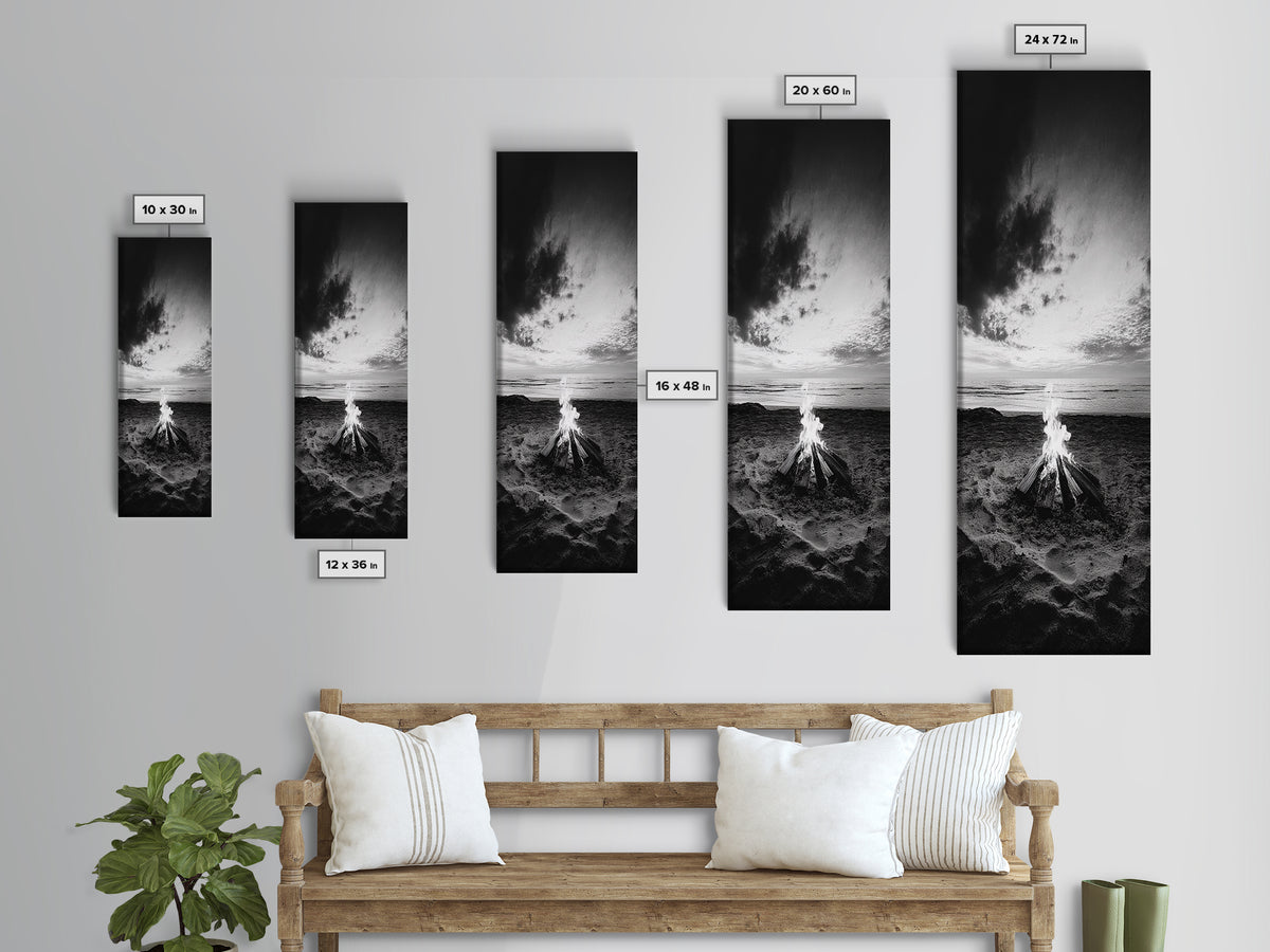 Peaceful Beach Fire, Twilight Shore, Ocean Ember, Tranquil Seascape, Framed Canvas Print, Autumn Wall Art, Rustic Nature Room Decor