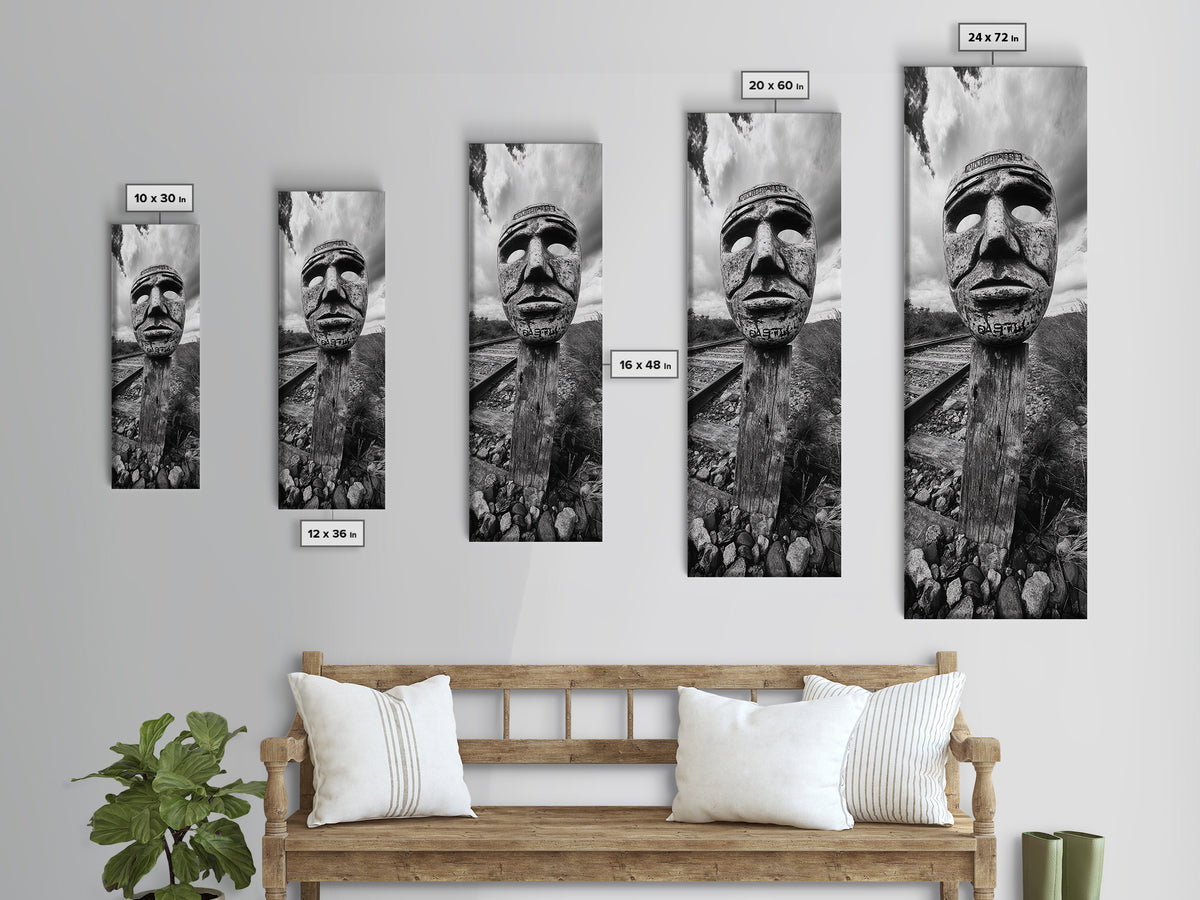 Tribal Mask, Railway Art, Abstract Face, Canvas Print, Surreal Wall Art, Eclectic Living Room Decor, Boho Urban Art, Monochrome Photography