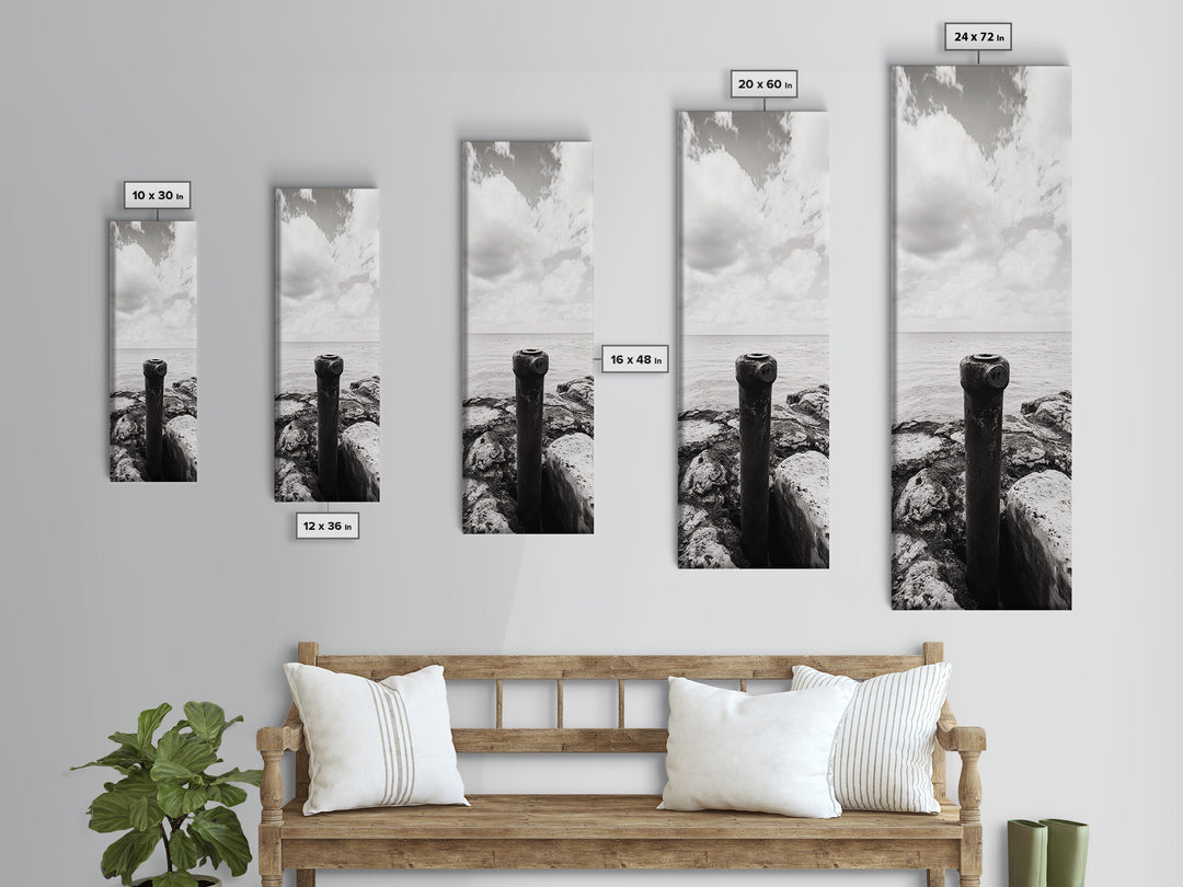 Coastal Pipe, Ocean View, Rusted Metal, Framed Canvas Print, Industrial Nautical Art, Bathroom Wall Decor, Minimal Seaside Landscape