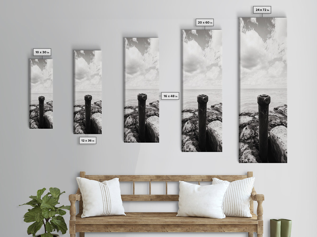 Coastal Pipe, Ocean View, Rusted Metal, Framed Canvas Print, Industrial Nautical Art, Bathroom Wall Decor, Minimal Seaside Landscape