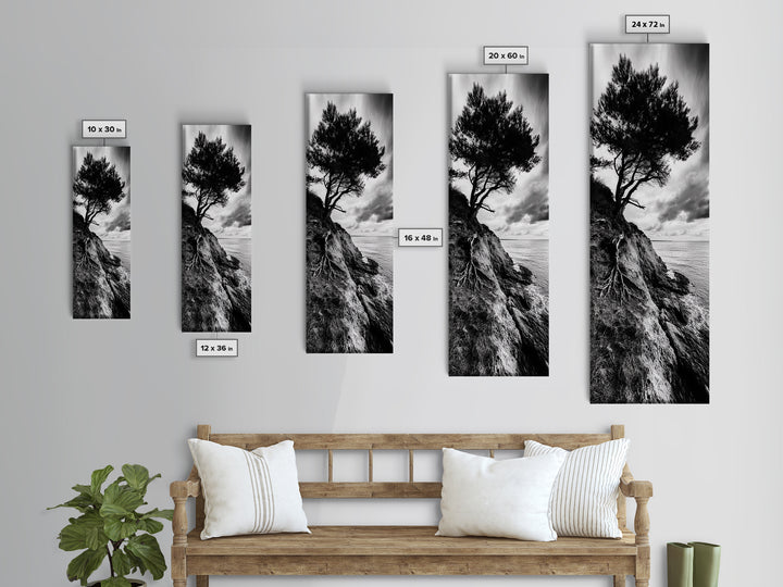 Cliff Tree, Coastal Roots, Dramatic Landscape, Framed Canvas Print, Bold Nature Wall Art, Modern Black And White Decor, Fall Office Accent