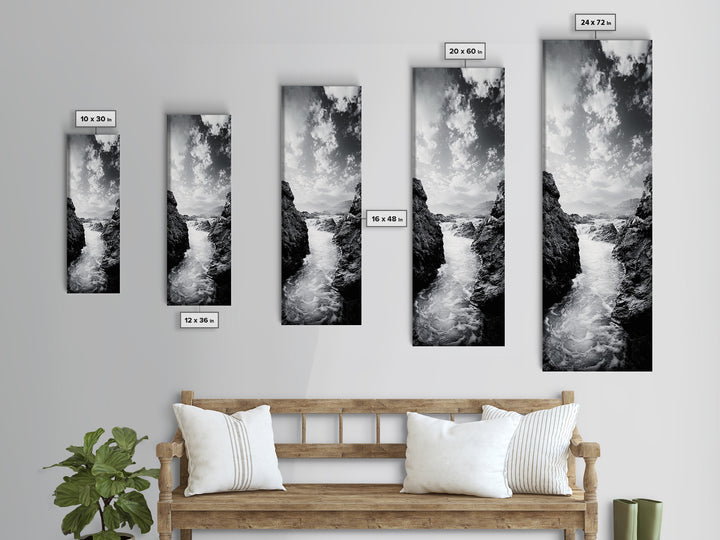 Waterfall Rocks, Mountain Mist, River Flow, Canvas Print, Black And White Landscape Art, Nature Bedroom Decor, Zen Retreat Wall Piece