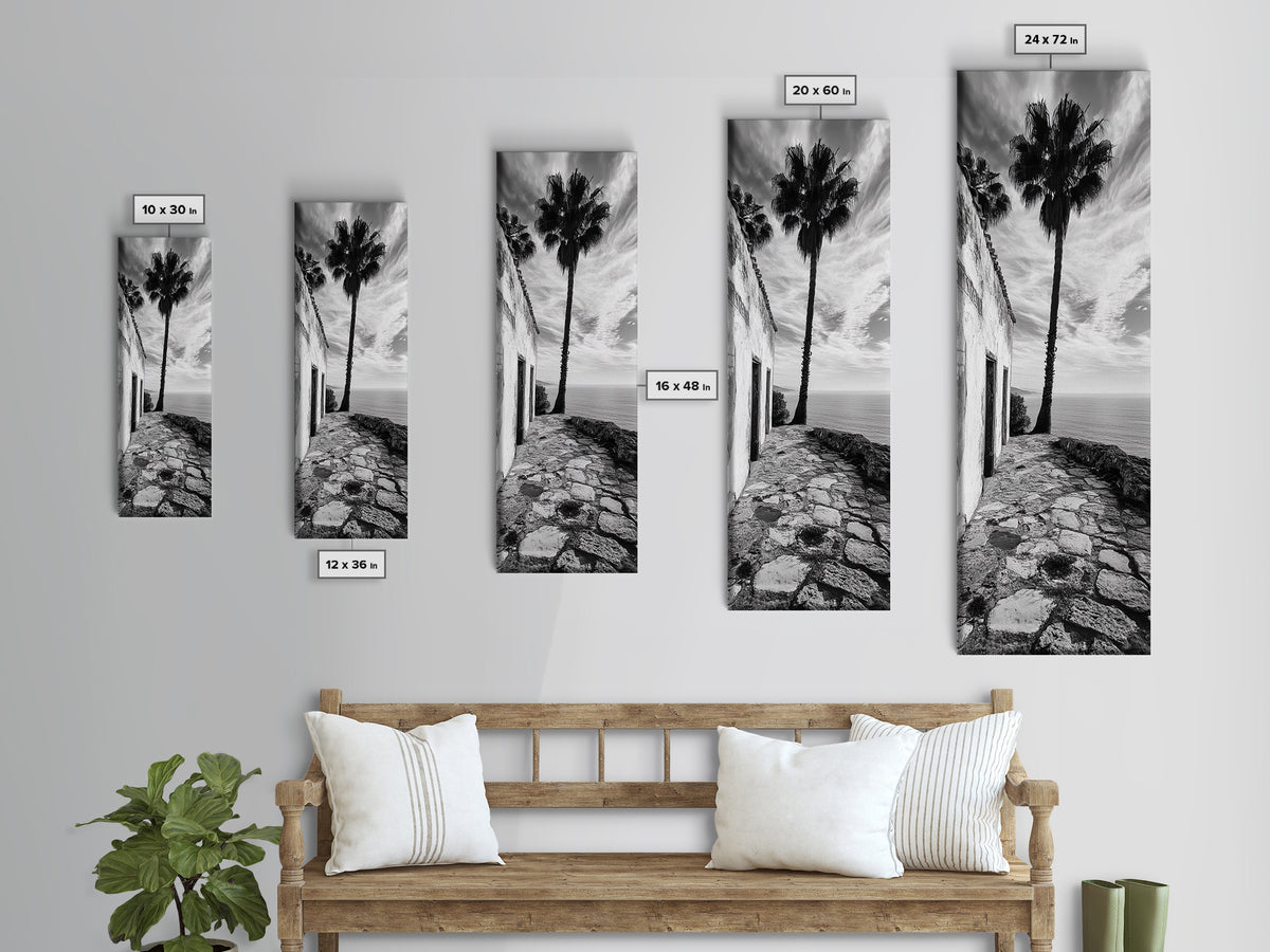 Coastal Palm Tree, Rustic Seaside Wall Art, Mediterranean Courtyard Print, Tropical Summer Decor, Framed Canvas Print, Kitchen Art