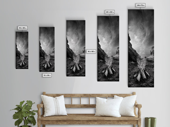 Campfire Smoke, Rocky Coastline, Moody Skies, Autumn Nature, Framed Canvas Print, Rustic Wall Decor, Cabin Aesthetic, Living Room Art