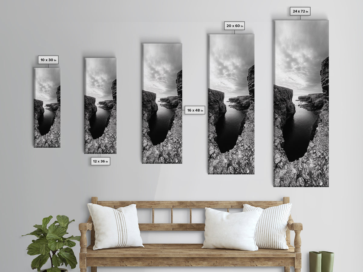 Seaside Cliffscape, Ocean Horizon, Monochrome Nature Scene, Framed Canvas Print, Coastal Living Room Art, Modern Rustic Wall Decor