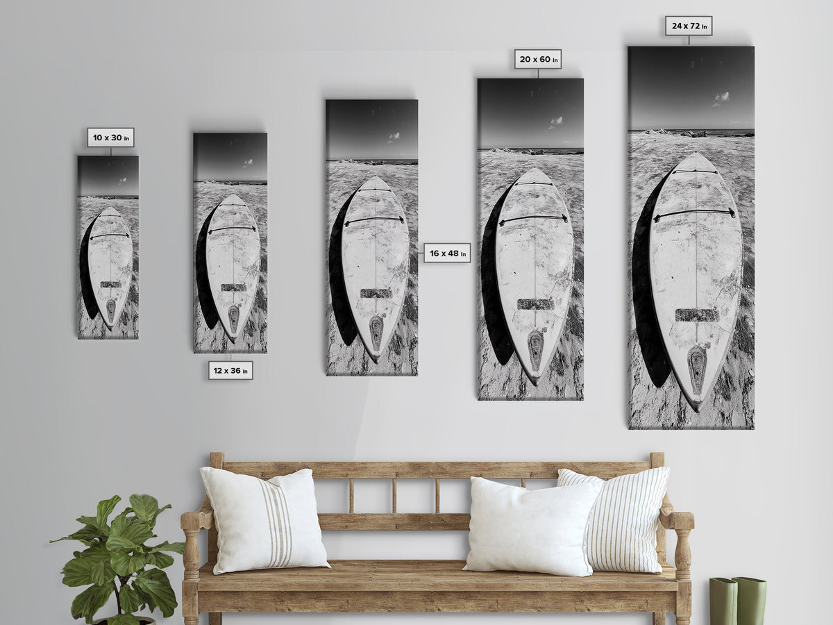 Surfboard On Shore, Beach Lifestyle Decor, Minimal Seascape, Framed Canvas Print, Nautical Bathroom Wall Art, Modern Coastal Vibe