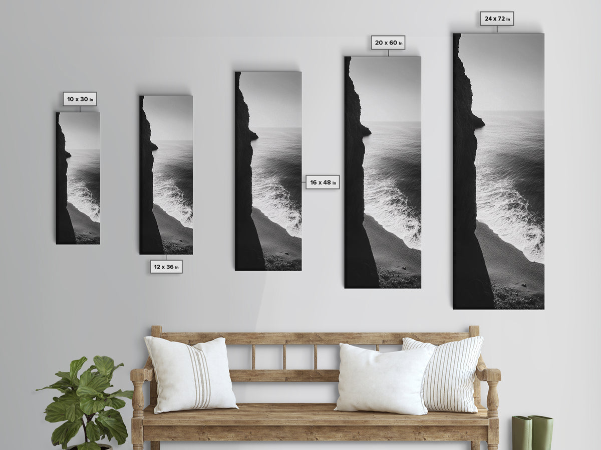 Cliffside Waves, Coastal Edge, Monochrome Serenity, Ocean Drama, Canvas Print, Moody Minimalist Art, Bathroom Art, Living Room Decor