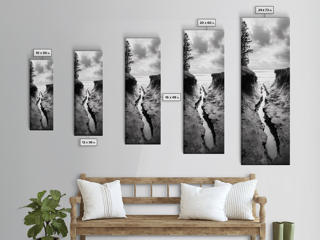 Coastal Crevice, Ocean Stream, Moody Nature, Rugged Beauty, Framed Canvas Print, Minimalist Beach Wall Art, Bedroom Art, Entryway Decor