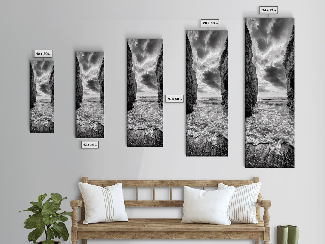 Ocean Gap, Cliffside Horizon, Black White Waves, Framed Canvas Print, Modern Coastal Wall Art, Nautical Living Room Decor,  Nature Decor