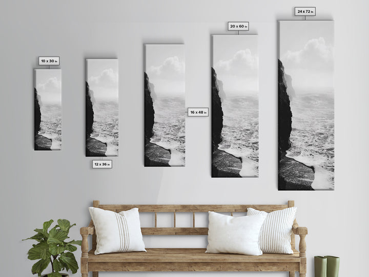 Coastal Cliff, Ocean Waves, Monochrome Seascape, Framed Canvas Print, Minimalist Ocean Art, Bathroom Decor, Nautical Wall Art