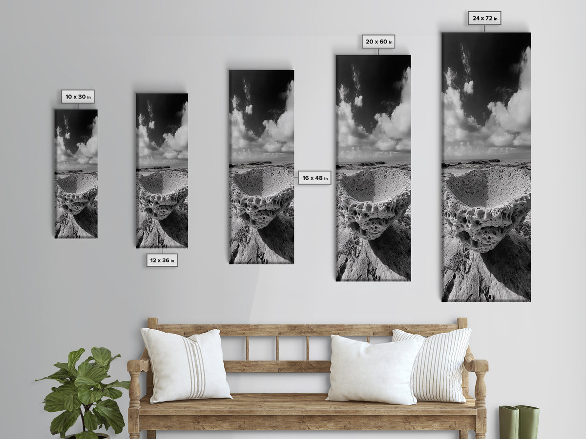 Sea Sponge, Coastal Rock, Ocean View, Canvas Print, Minimalist Nature Photography, Bathroom Wall Art, Black and White Ocean Decor