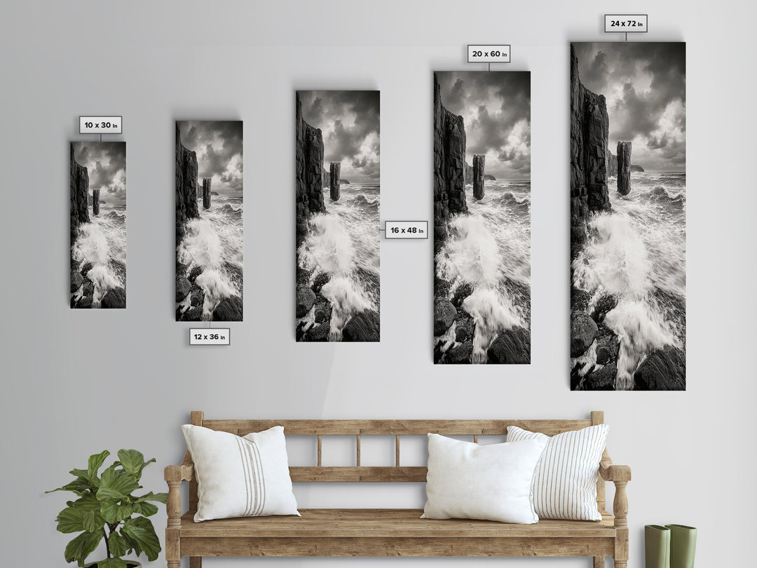 Crashing Surf, Tall Sea Stack, Rugged Coast, Framed Canvas Print, Moody Ocean Wall Art, Bathroom Decor, Black and White Seascape