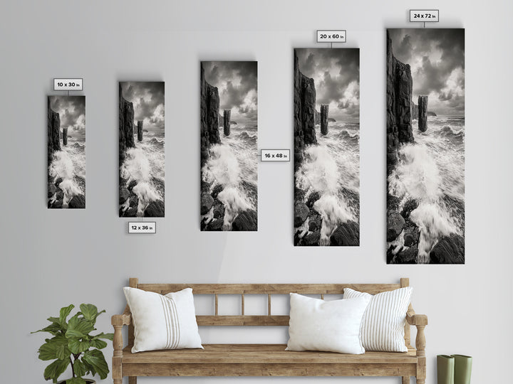 Crashing Surf, Tall Sea Stack, Rugged Coast, Framed Canvas Print, Moody Ocean Wall Art, Bathroom Decor, Black and White Seascape