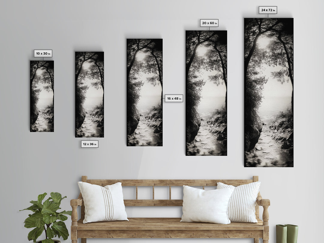 Ocean Pathway, Forest Light, Peaceful Coast, Dreamy Trail, Nature Escape, Framed Canvas Print, Entryway Wall Art, Moody Landscape
