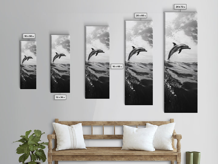 Dolphin Ocean Jump, Black and White Sea Life Print, Coastal Marine Wall Art, Canvas Print, Beach House Decor, Nature Photography