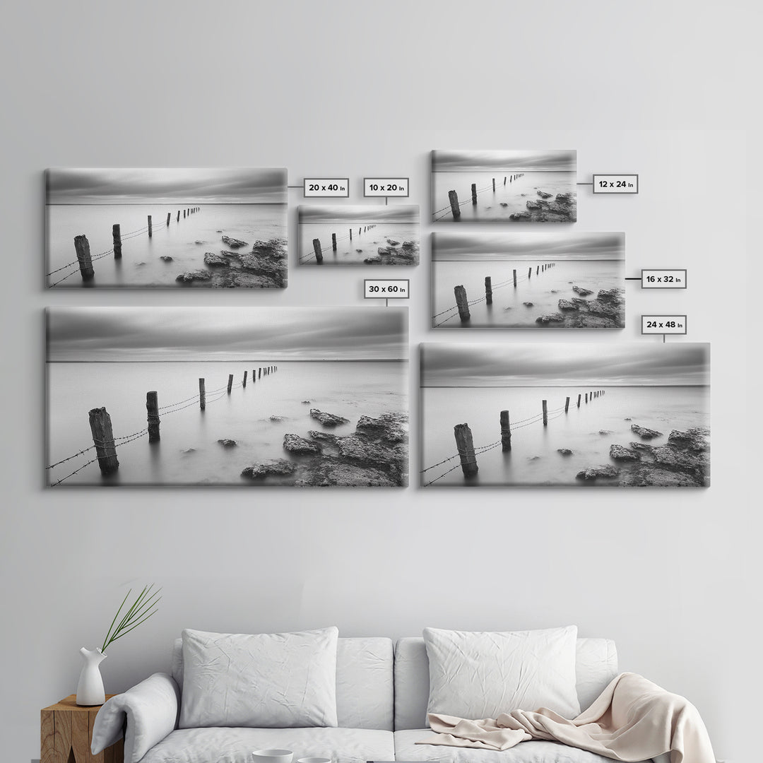 Coastal Fence Line, Tranquil Ocean Scene, Soft Minimalist Photo, Framed Canvas Print, Bathroom or Hallway Wall Art, Zen Vibes