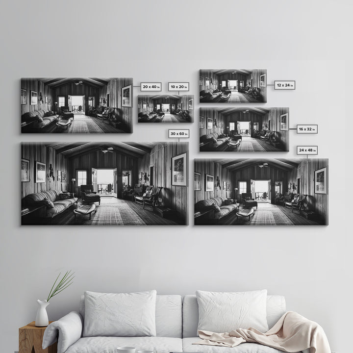 Cozy Cabin Interior, Rustic Living Space, Wood Wall Charm, Canvas Print, Country Living Room Art, Americana Wall Photography