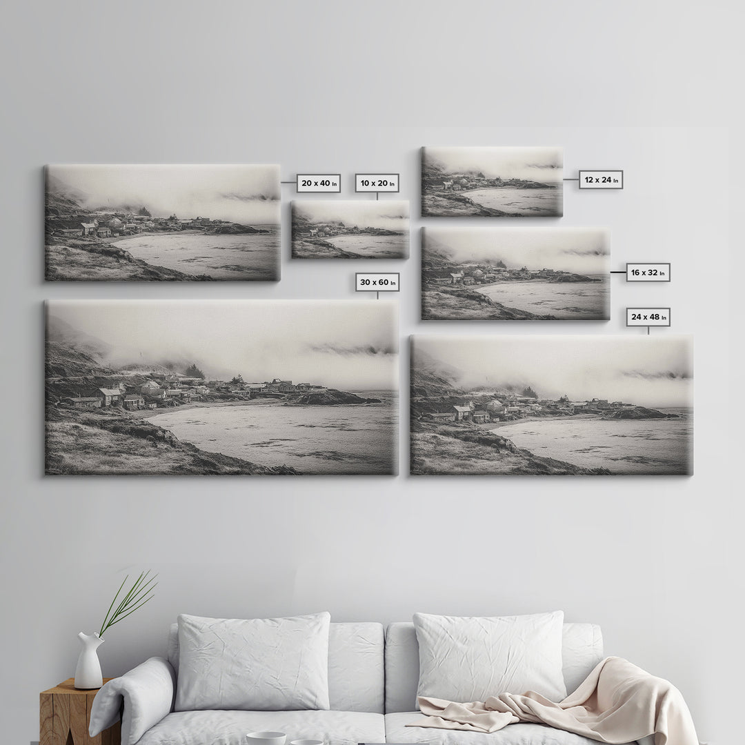 Coastal Fog Village, Misty Ocean Cliff Scene, Black and White Landscape, Canvas Print, Bedroom Wall Art, Rustic Coastal Decor