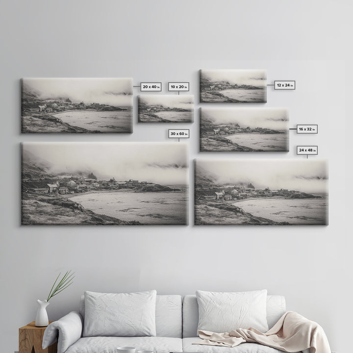 Coastal Fog Village, Misty Ocean Cliff Scene, Black and White Landscape, Canvas Print, Bedroom Wall Art, Rustic Coastal Decor