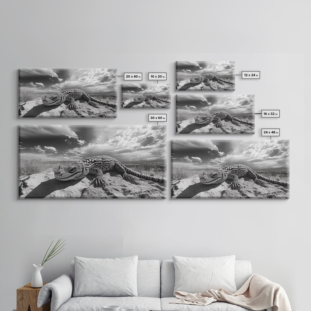Desert Lizard Close-Up, Reptile Wildlife Photography, Dramatic Sky Scene, Canvas Print, Living Room Wall Art, Nature Decor