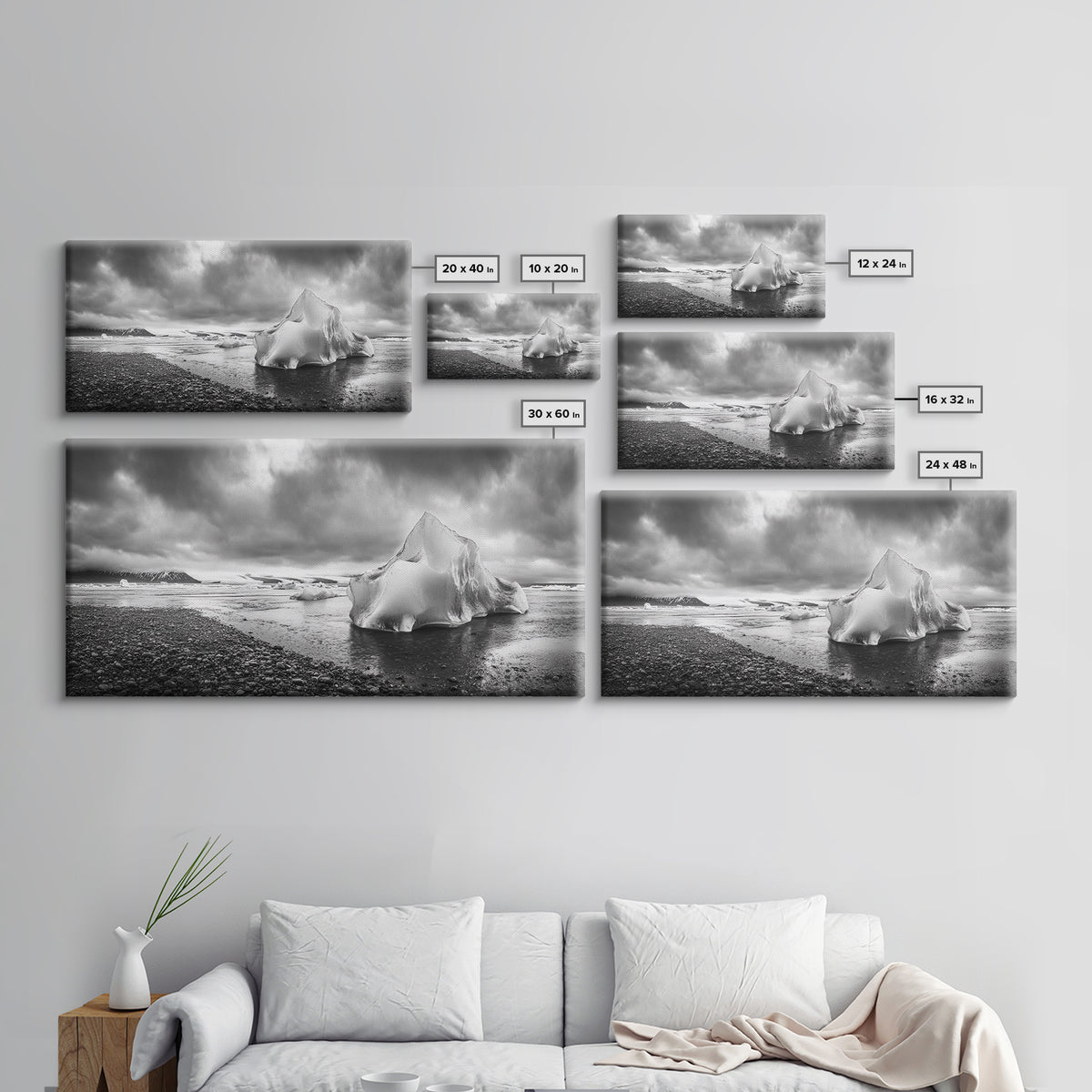 Arctic Iceberg Shore, Moody Cloud Sky, Frozen Water Landscape, Framed Canvas Print, Office Wall Art, Nordic Minimalist Art