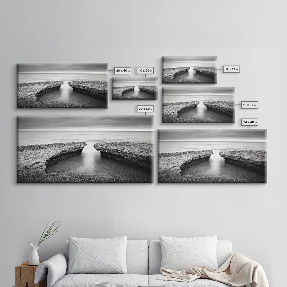Ocean Rock Split, Calm Seascape Horizon, Monochrome Photography, Canvas Print, Bathroom Wall Art, Zen Coastal Aesthetic, Office Wall Art