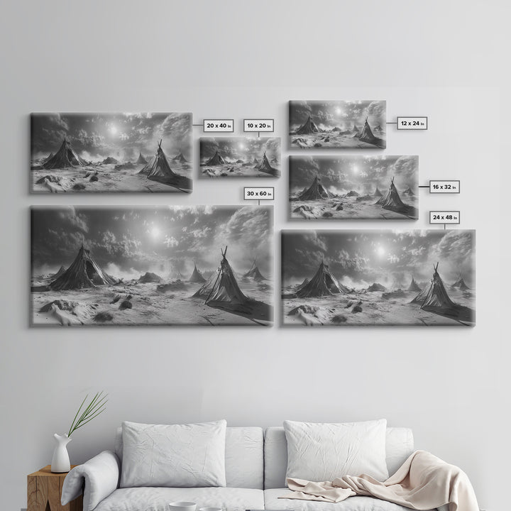 Desert Tent Scene, Surreal Tribal Landscape, Stormy Sky Tents, Canvas Print, Living Room Wall Art, Boho Nomad Aesthetic, Living Room Wall Art