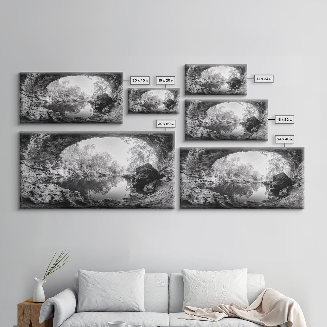 Cave Entrance Lake, Hidden Forest View, Rock Reflection Water, Canvas Print, Hallway Wall Art, Adventure Wilderness Decor, Minimalist Style