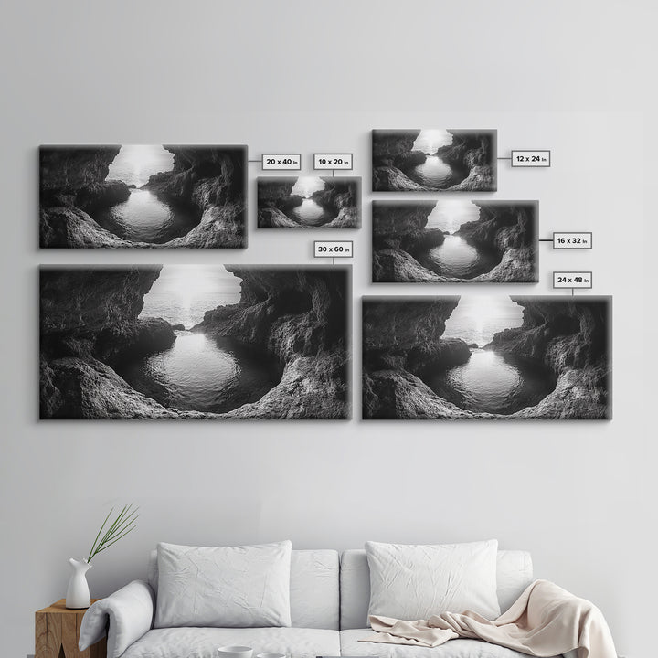 Ocean Cave Sunset, Seascape Art, Black and White Photography, Coastal Decor, Minimalist Style, Canvas Print, Bathroom Wall Art