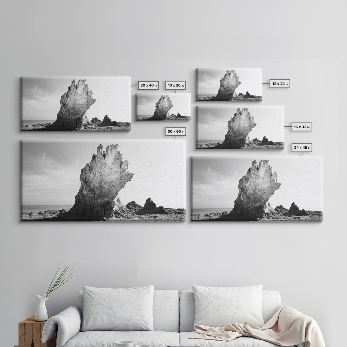 Desert Rock Tower, Surreal Landscape, Modern Nature Art, Canvas Print, Black and White Office Decor, Minimalist Style Piece, Bedroom Wall Art