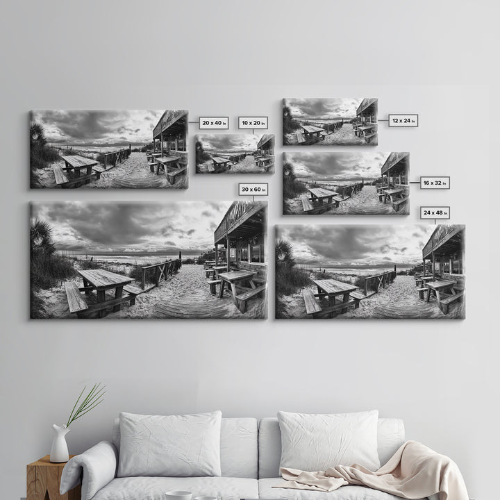 Beach Boardwalk, Coastal Restaurant, Moody Seaside View, Framed Canvas Print, Kitchen or Bar Wall Art, Rustic Autumn Decor
