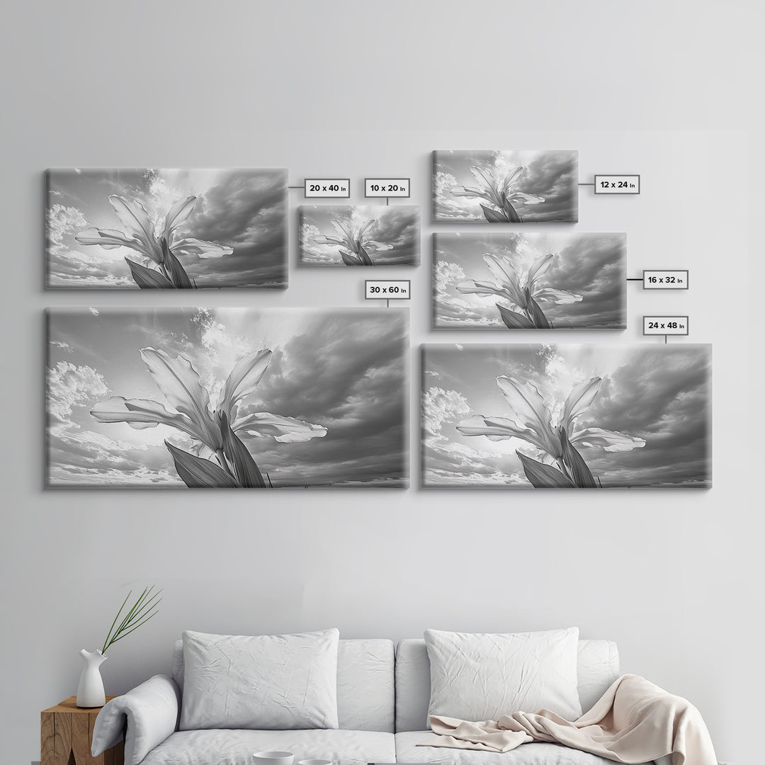 Blooming Iris, Floral Sky, Dreamy Nature, Petal Light, Framed Canvas Print, Modern Bedroom Art, Feminine Wall Art, Botanical Home Decor